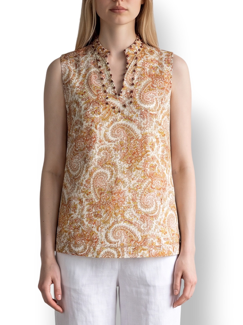 4/$20 Charter Club Petite Paisley Floral Beaded Sleeveless Blouse Women’s 6P
